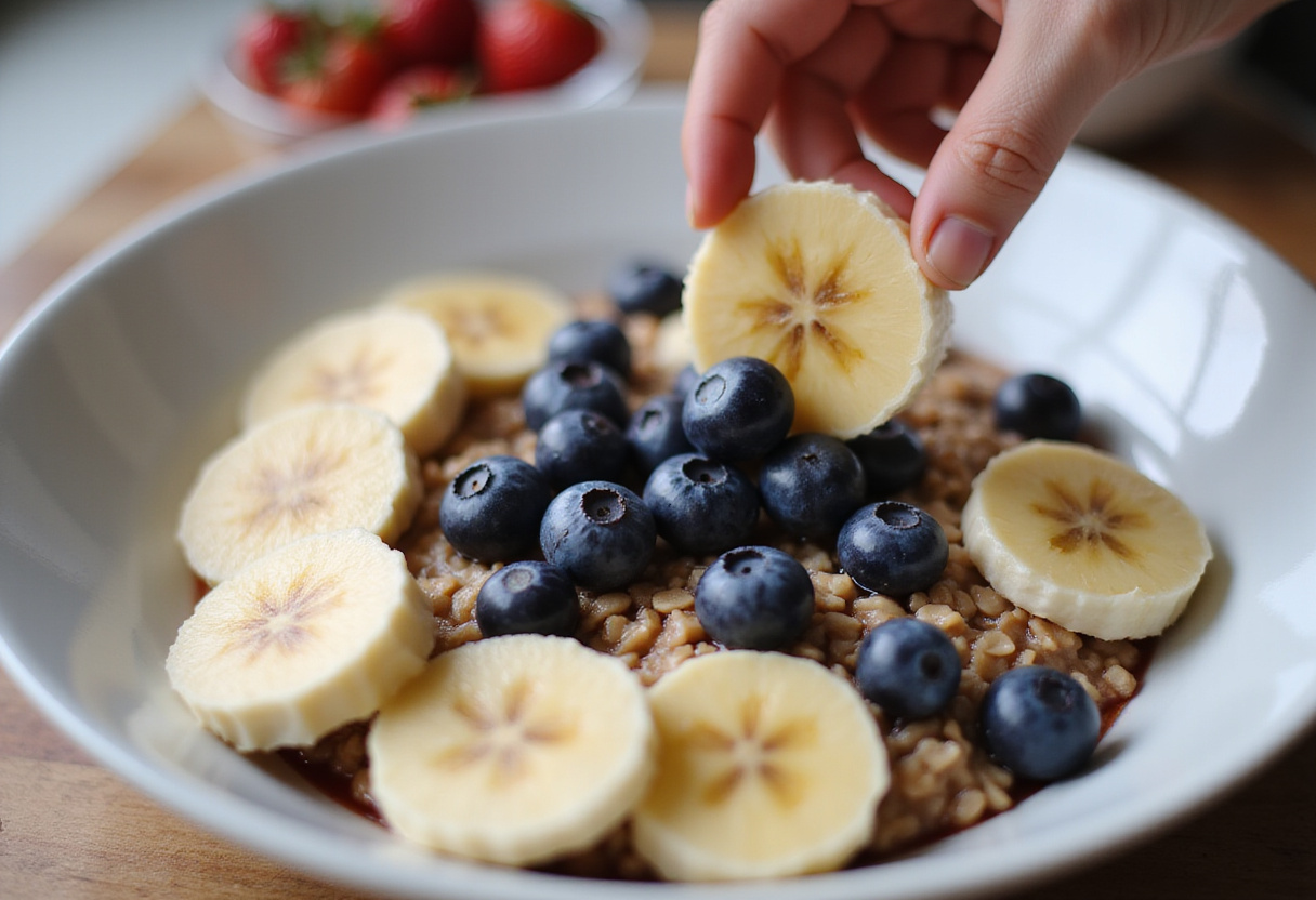 Adding fresh fruit to Egg White Oatmeal, colorful toppings for nutritious breakfast, healthy and delicious oatmeal presentation