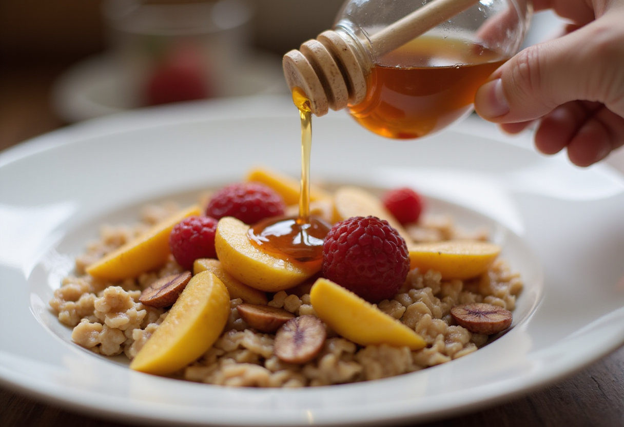 Drizzling honey on Egg White Oatmeal, sweetening nutritious breakfast, enhancing flavors of healthy oatmeal dish
