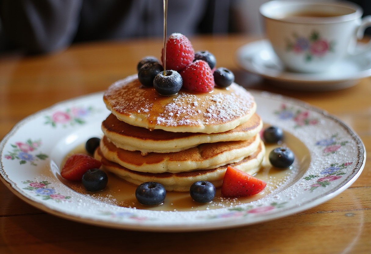 Perfectly stacked fluffy pancakes with syrup and berries, showcasing a delicious breakfast spread ideal for pancake lovers.