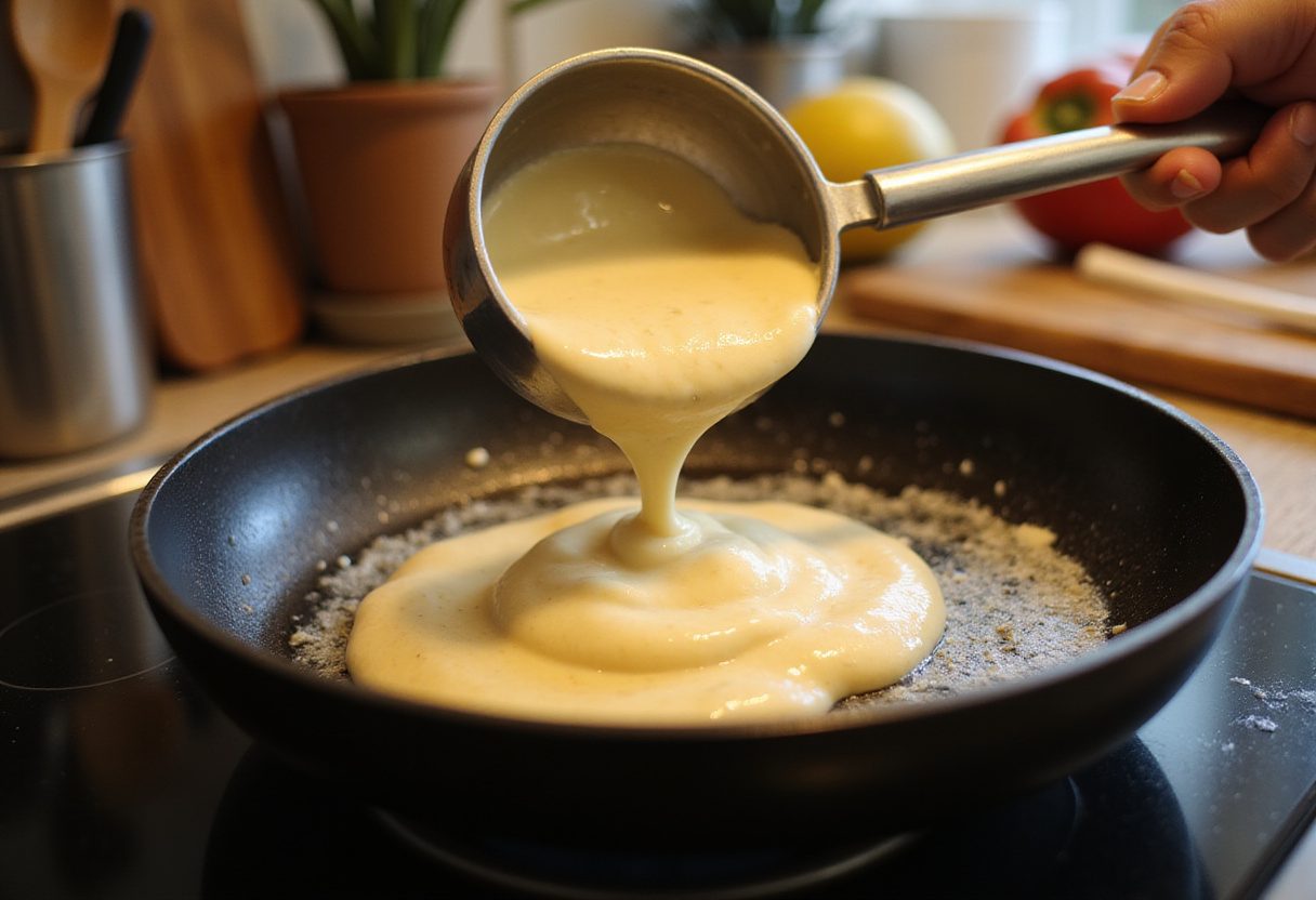 Pouring pancake batter into a skillet to create fluffy pancakes, showcasing the cooking process in a homey kitchen atmosphere.
