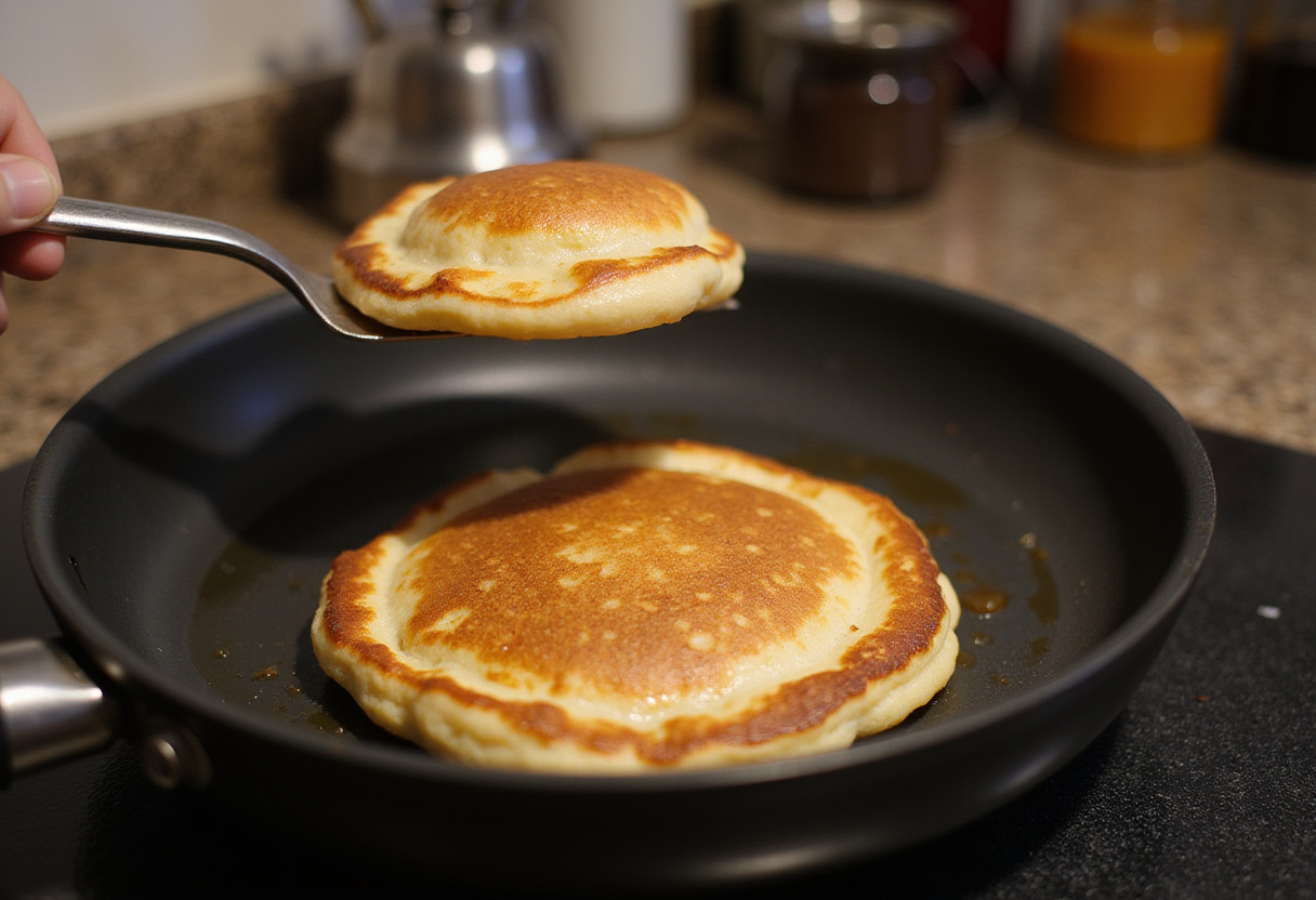 Flipping a fluffy pancake in the skillet, illustrating the creation of mouthwatering pancakes in a cozy kitchen setting.