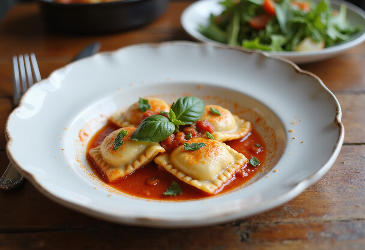 Exquisite display of foil-pack ravioli dinner, highlighting the finished dish with ravioli, vegetables, and garnishes for a mouthwatering presentation.