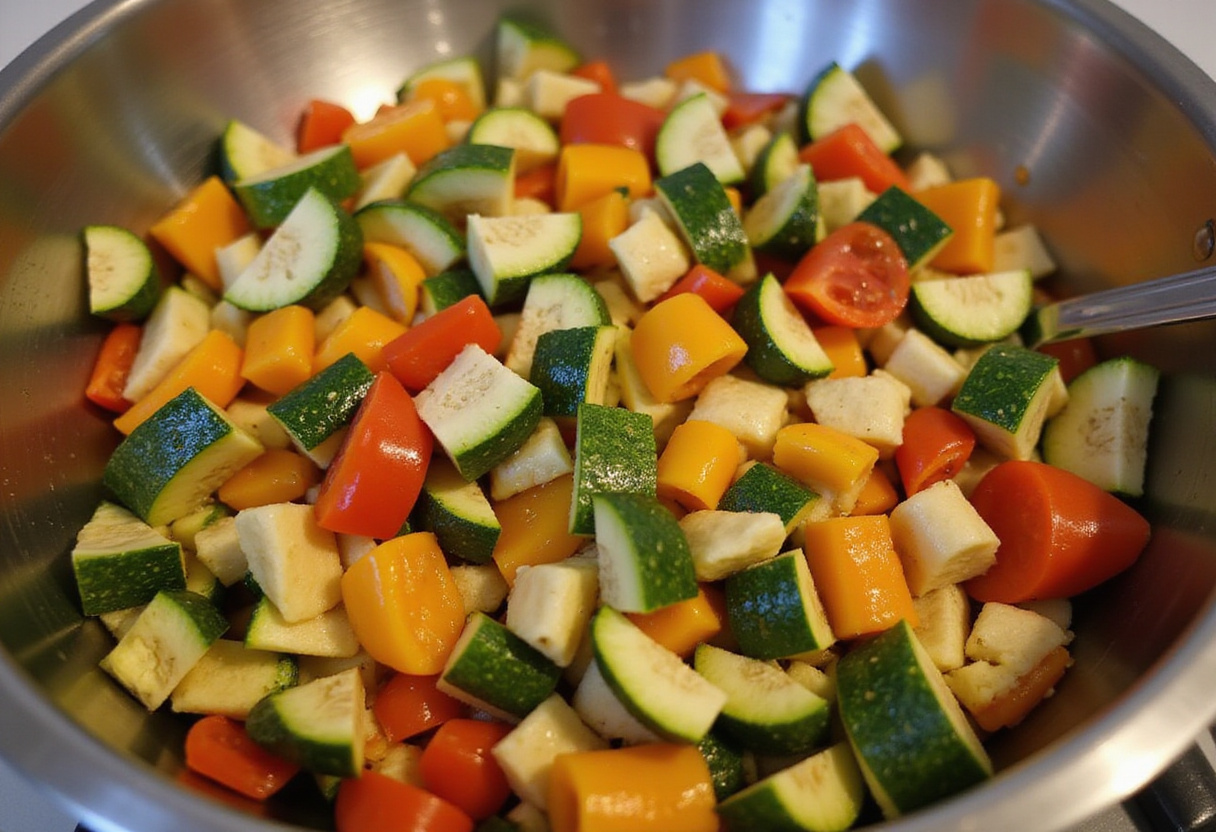 Chopping fresh vegetables for foil-pack ravioli dinner, highlighting healthy and vibrant ingredients for a flavorful dish.