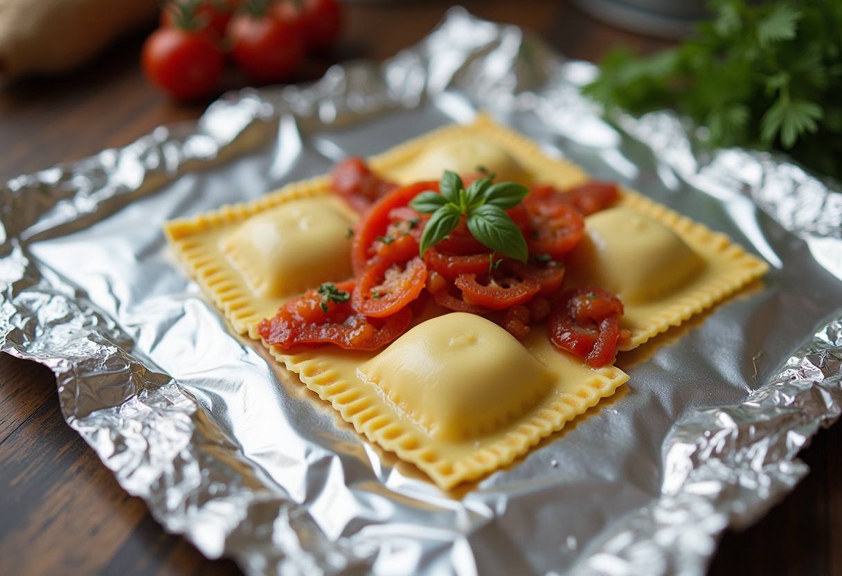 Assembling a foil-pack for ravioli dinner, demonstrating the method of preparing a convenient and tasty meal with ravioli and vegetables.