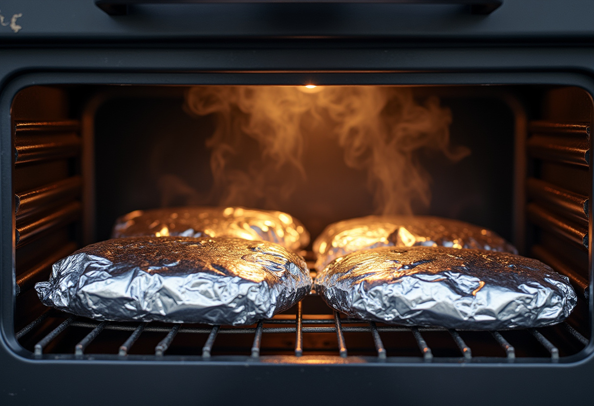 Cooking foil-pack ravioli dinner in the oven, capturing the essence of the meal being perfectly baked and infused with flavors.
