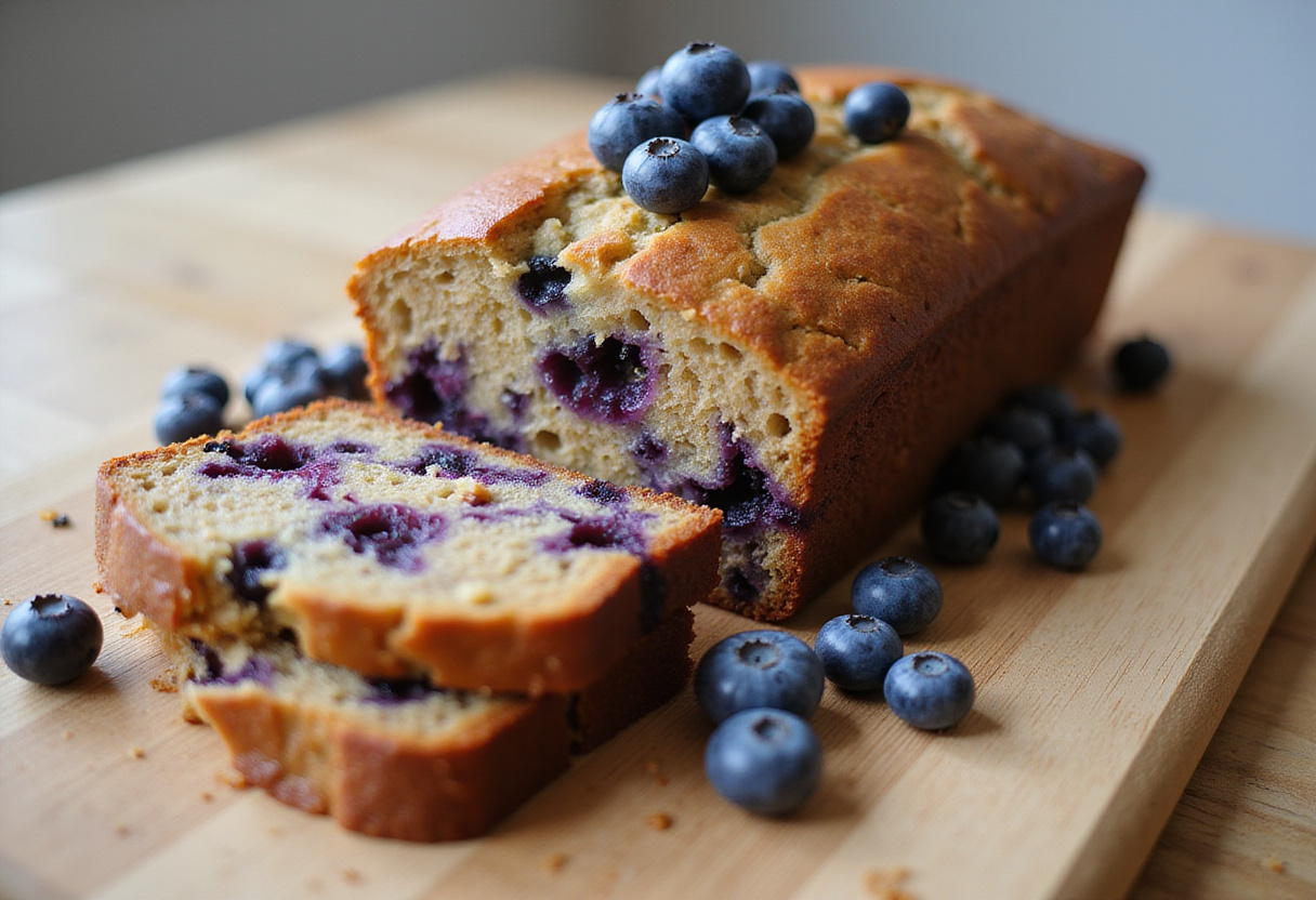 Freshly baked blueberry zucchini bread displayed on a cutting board, highlighting its moist crumb and scrumptious blueberries.