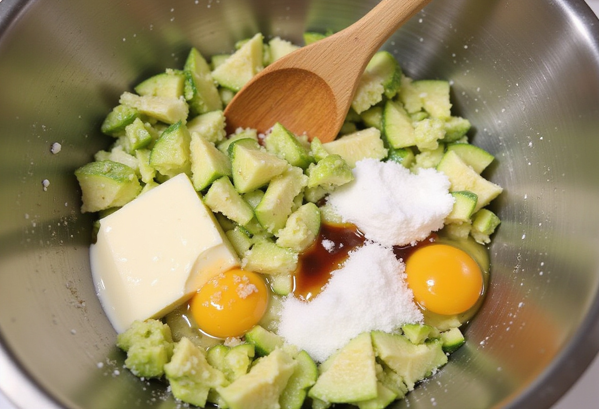 Mixing ingredients for blueberry zucchini bread, including grated zucchini, eggs, and sugar for a moist batter.