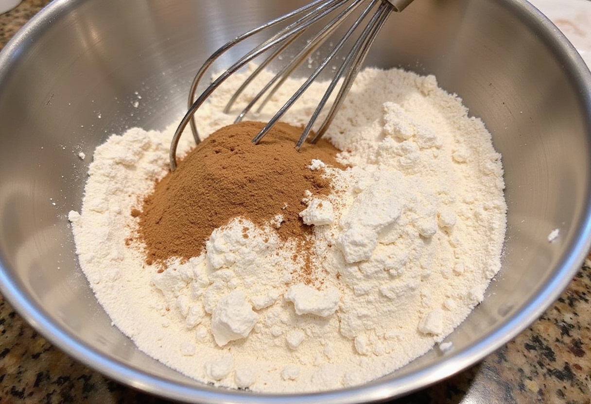 Whisking dry ingredients for blueberry zucchini bread, preparing the perfect mixture for a flavorful loaf.