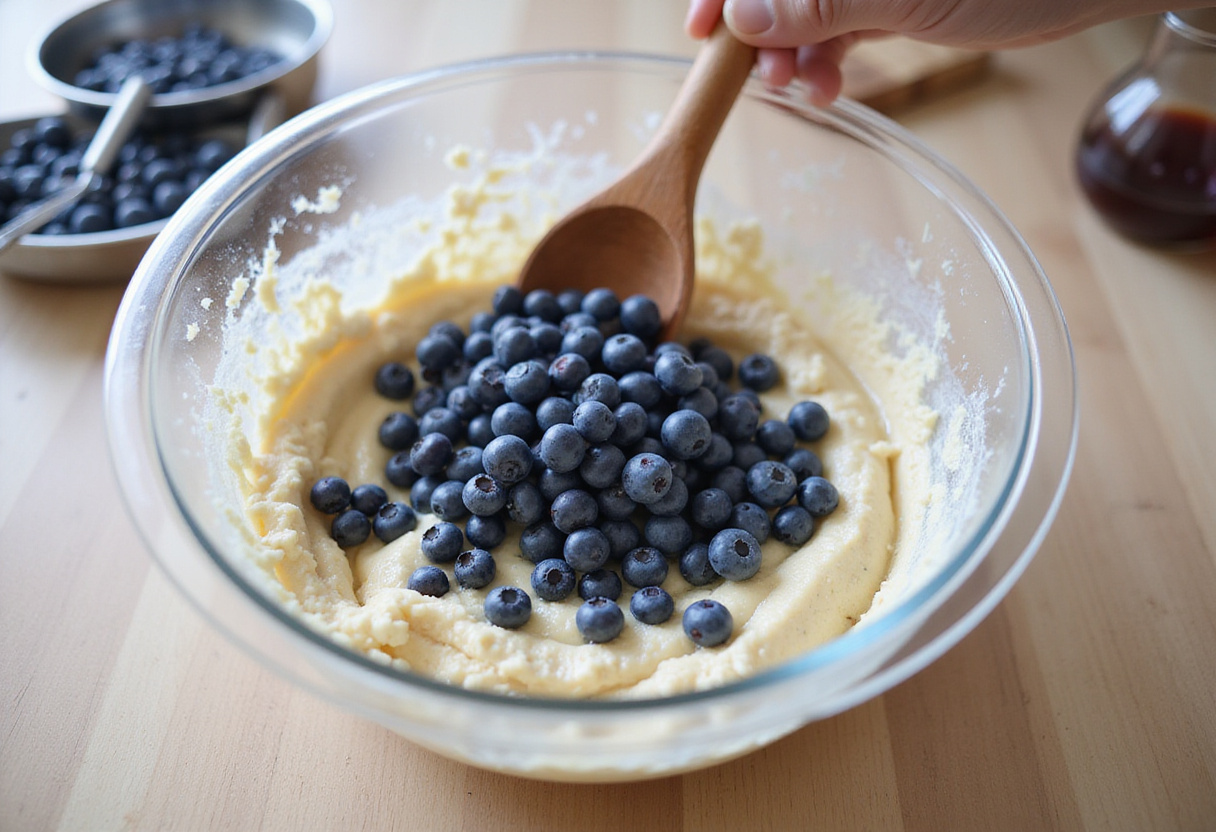 Folding fresh blueberries into the batter for blueberry zucchini bread, ensuring an even distribution of fruit throughout the mixture.