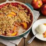 A delicious fresh peach and rhubarb crumble served with ice cream, showcasing the final result of the peach and rhubarb recipe.