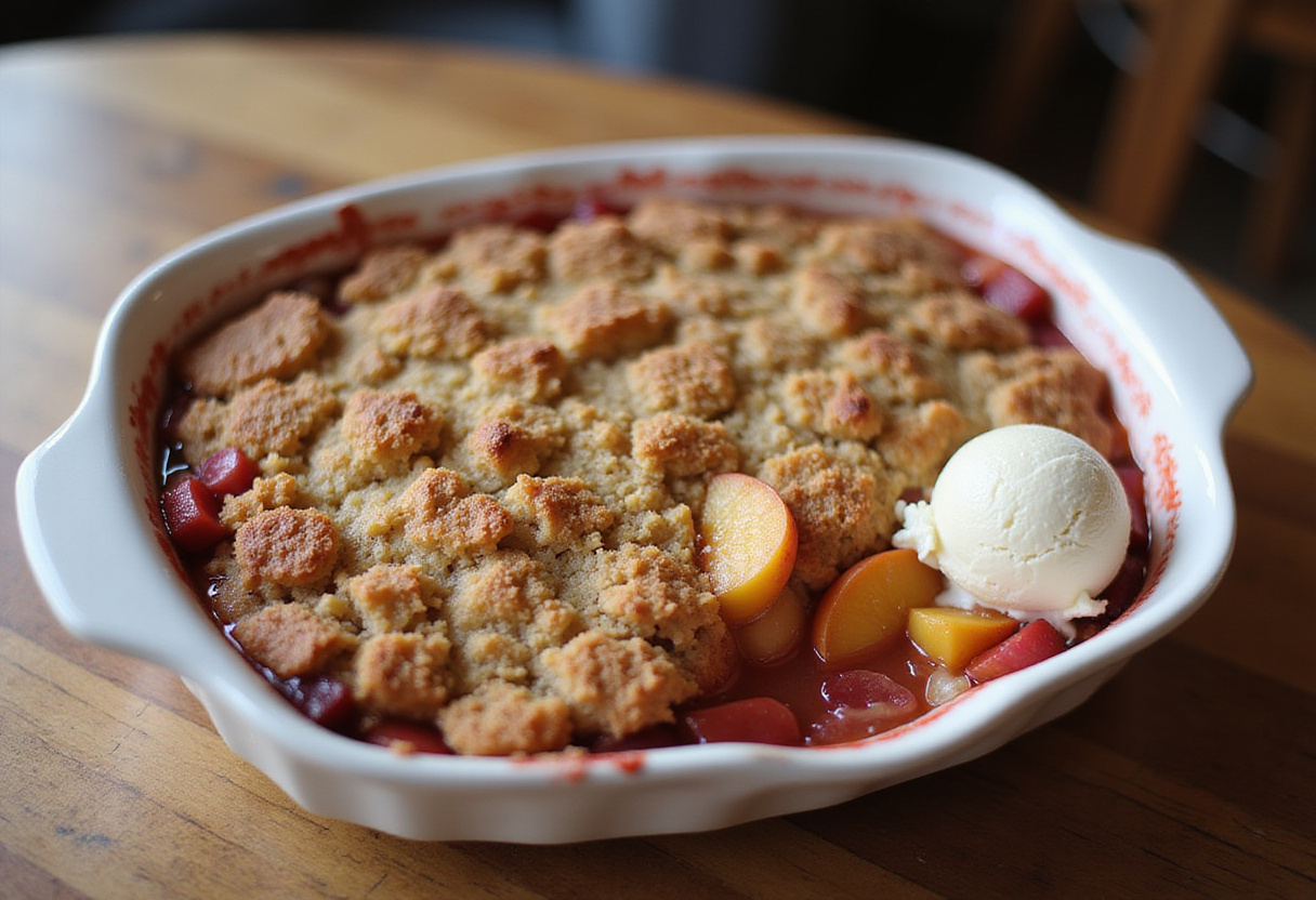 A delicious fresh peach and rhubarb crumble served with ice cream, showcasing the final result of the peach and rhubarb recipe.