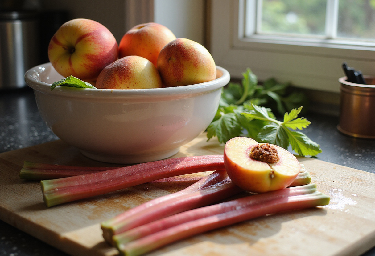 Fresh peaches and rhubarb being washed in a bowl, highlighting healthy ingredients for peach and rhubarb recipes.