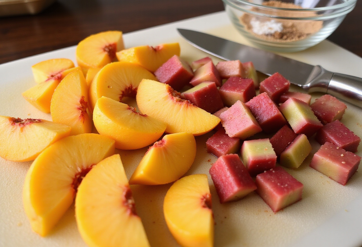 Chopped peaches and rhubarb on a kitchen counter, showcasing the preparation of a delicious fresh peach and rhubarb dish.