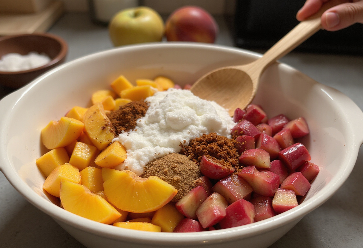 Mixing peaches and rhubarb with sugar and spices in a bowl, illustrating the process of creating a fresh peach and rhubarb dessert.