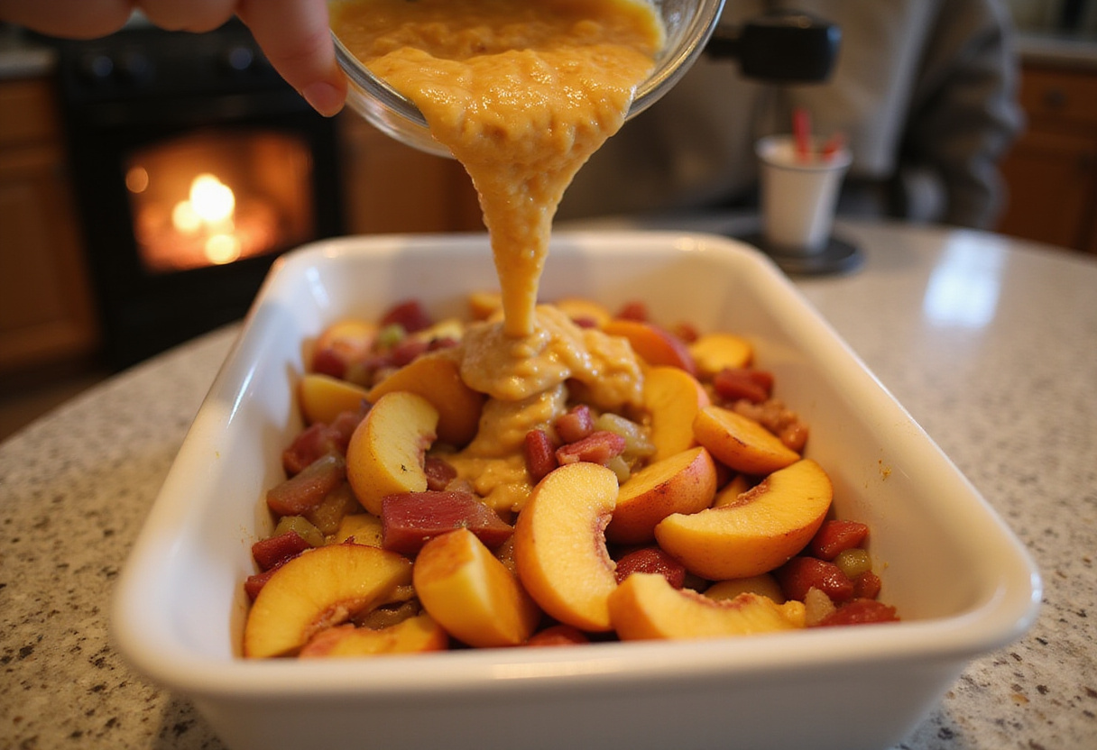 Peach and rhubarb mixture in a baking dish, preparing for a delightful fresh peach and rhubarb bake.