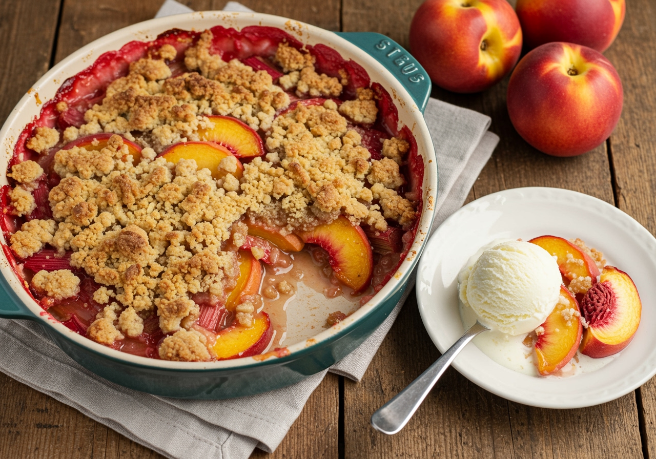 A delicious fresh peach and rhubarb crumble served with ice cream, showcasing the final result of the peach and rhubarb recipe.