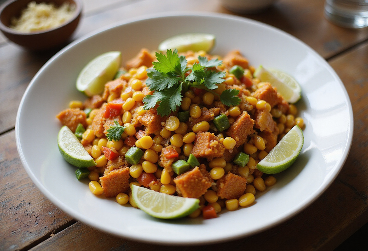 Final presentation of Frito Corn Salad with vibrant colors and garnishes on a rustic wooden table.