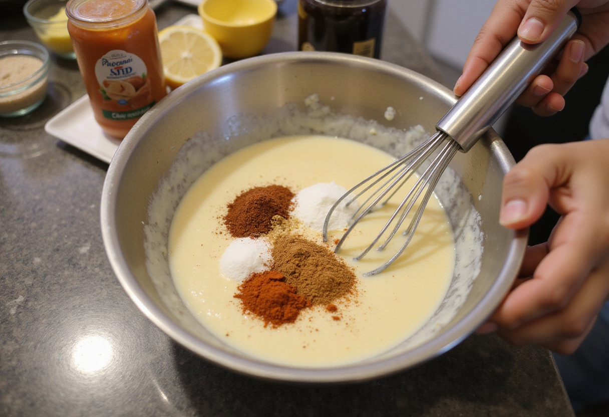 Creamy dressing preparation for Frito Corn Salad with spices being mixed in a bright kitchen environment.