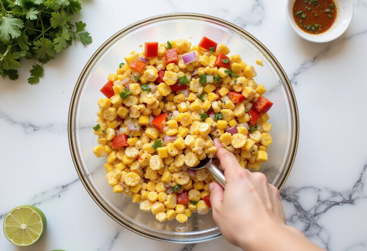 Mixing ingredients together for Frito Corn Salad on a marble countertop with fresh ingredients around.