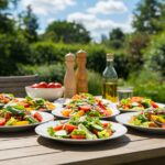 Outdoor dining setup with colorful garden salads, perfect for summer gatherings.