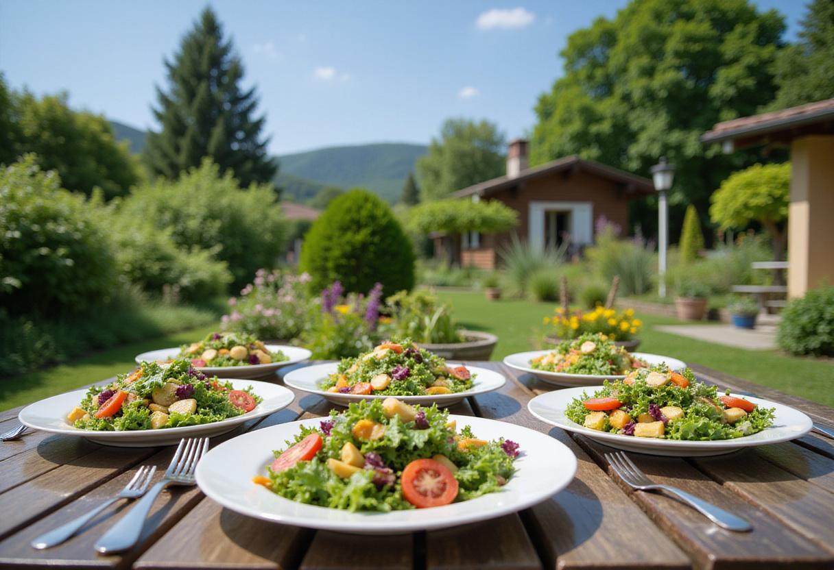 Outdoor dining setup with colorful garden salads, perfect for summer gatherings.