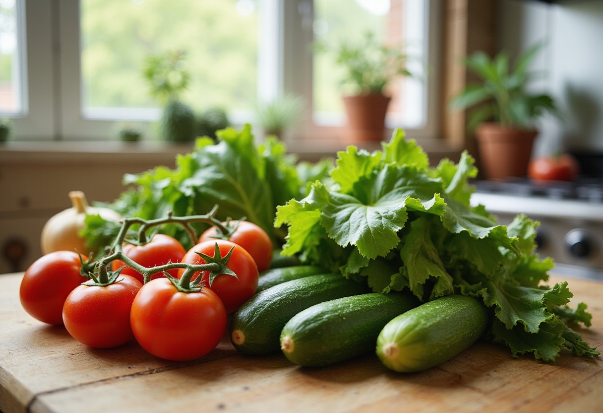 Fresh garden vegetables for summer salad preparation, garden-to-table summer recipes.