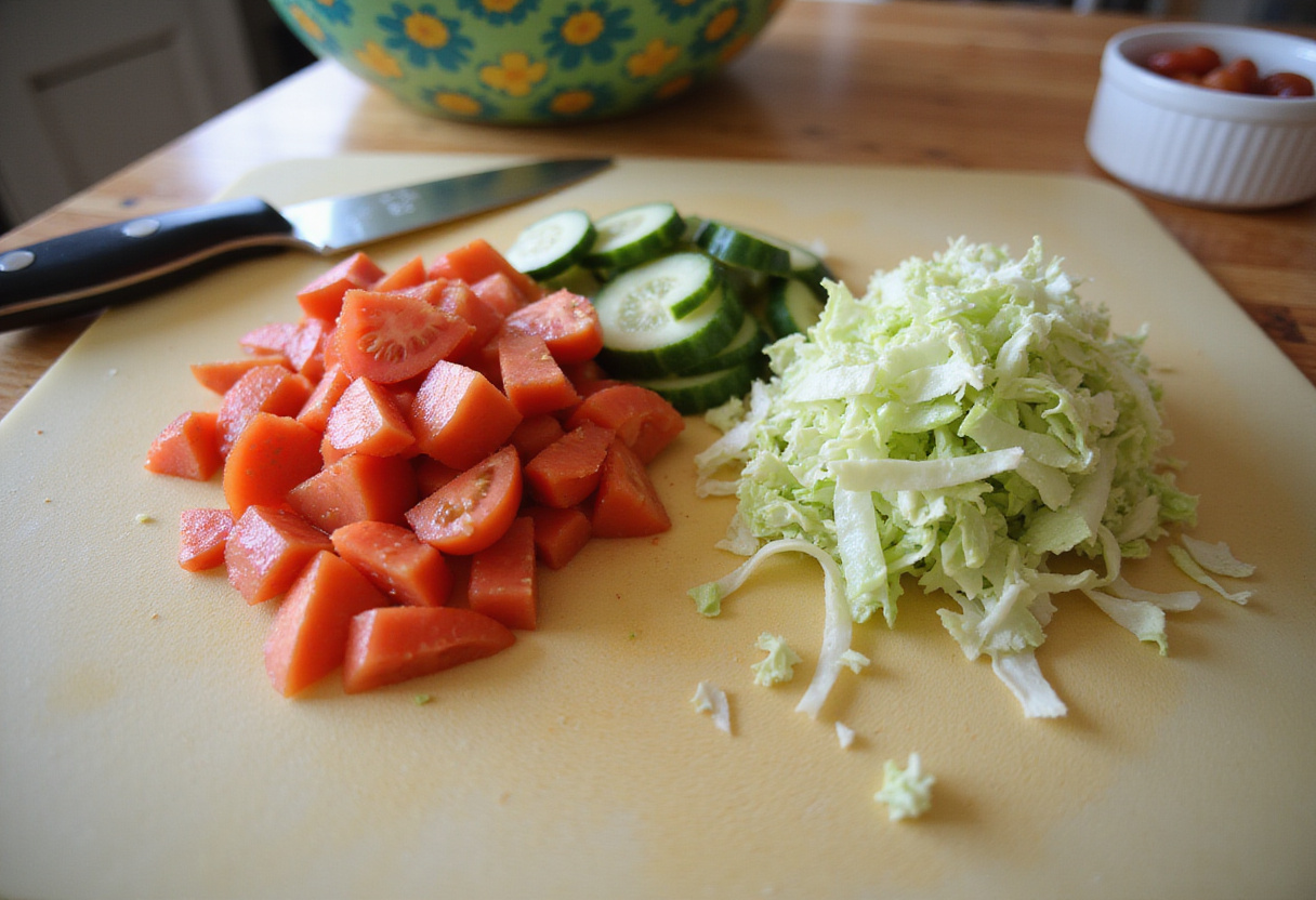 Chopped vegetables on a cutting board for fresh summer salad, summer garden recipes.