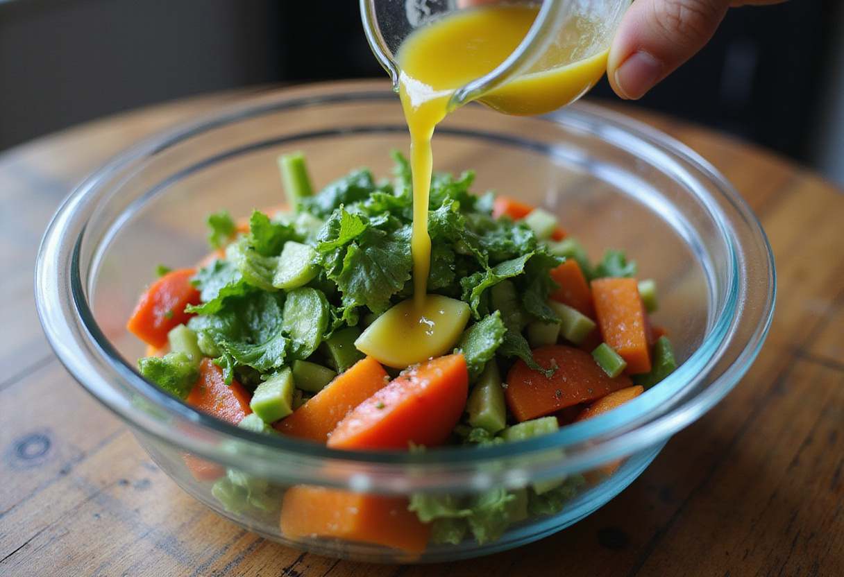 Mixing fresh vegetables with dressing for a summer salad, healthy garden recipes.