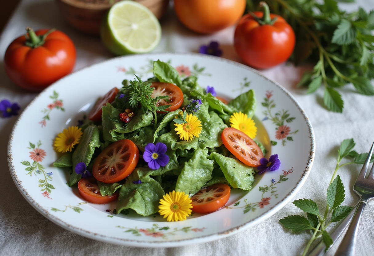 Beautifully plated garden salad with fresh herbs, summer table recipes.
