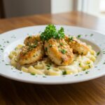 A stunning presentation of garlic butter chicken bites with creamy pasta, perfect for food photography and delicious meals.