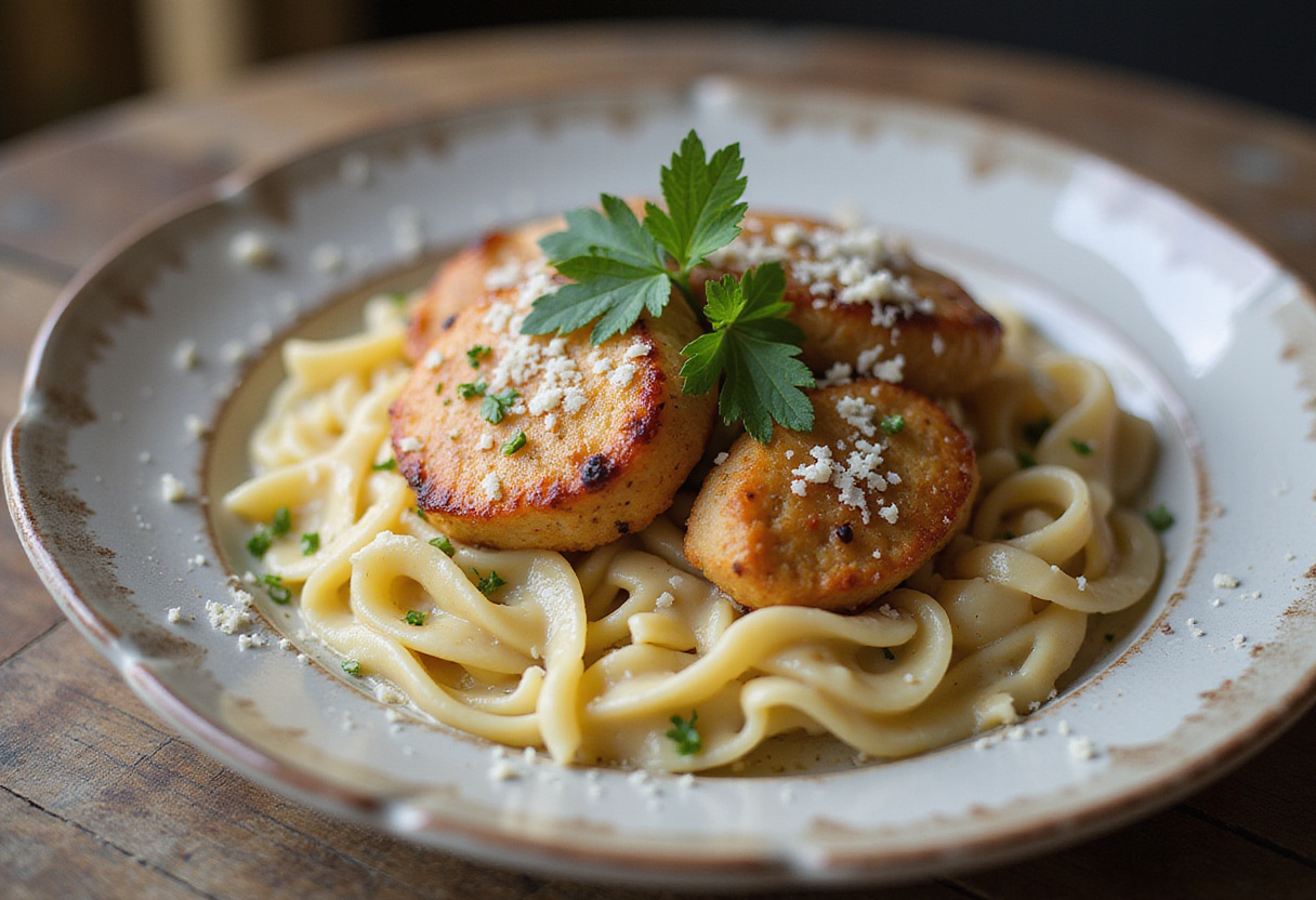 A stunning presentation of garlic butter chicken bites with creamy pasta, perfect for food photography and delicious meals.