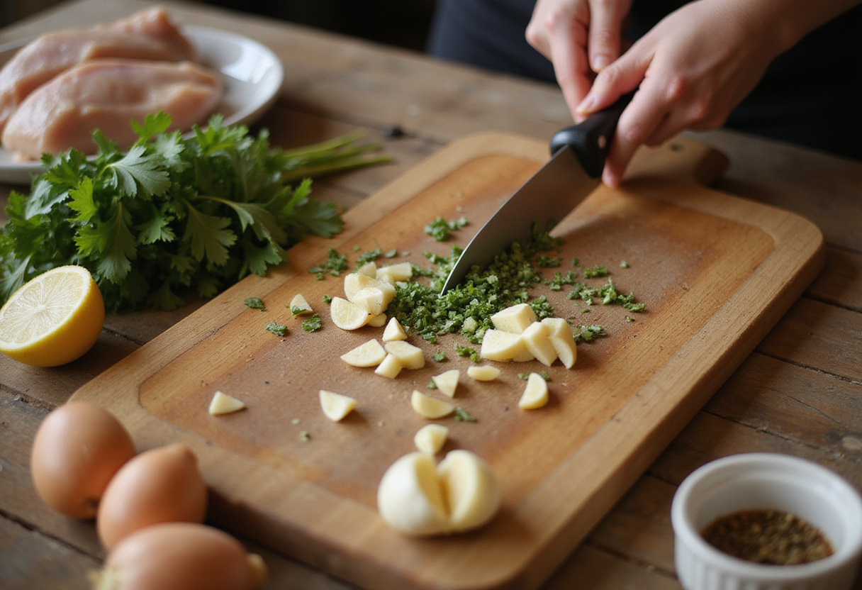 Fresh garlic and herbs being chopped for flavorful garlic butter chicken bites preparation, vibrant food photography.