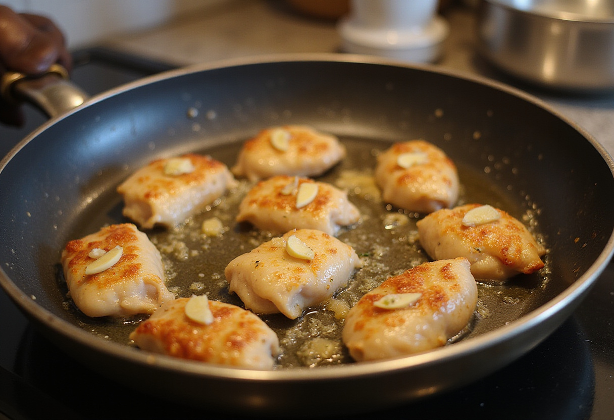 Garlic butter chicken bites browning in a skillet, showcasing a delicious cooking process with aromatic ingredients.