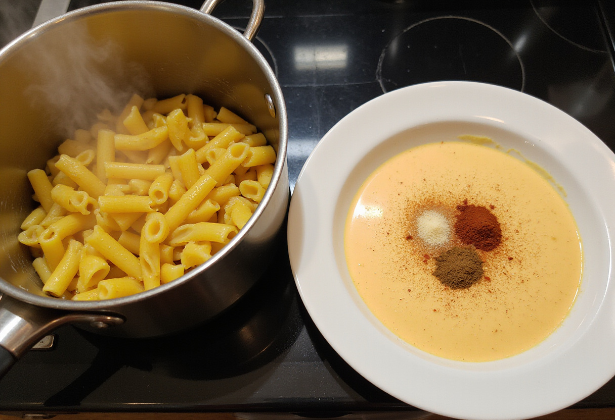 Perfectly boiling pasta in a pot alongside a creamy sauce mixture for garlic butter chicken bites with creamy pasta dish.