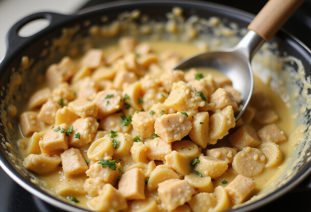 Mixing garlic butter chicken bites with creamy pasta, creating a harmonious blend of flavors for a delectable meal.