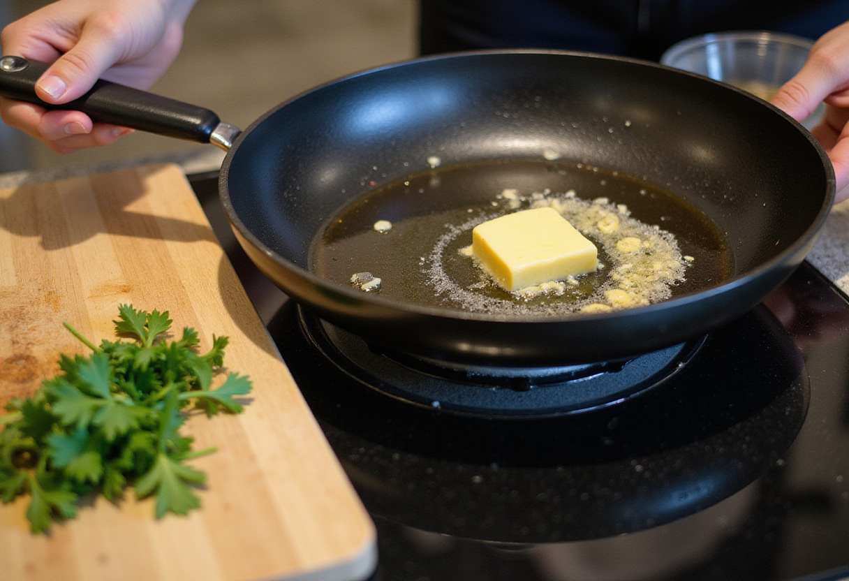 Sautรฉing garlic in butter for a rich flavor base in garlic butter pasta.