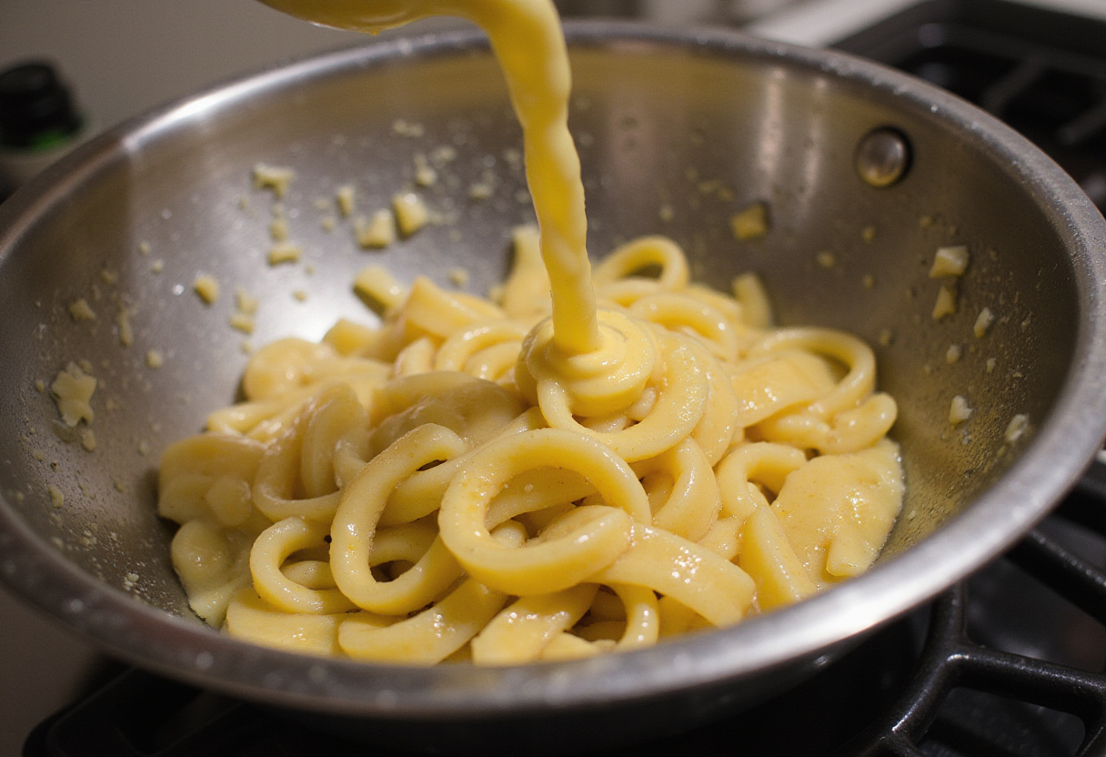 Draining pasta to prepare for mixing with flavorful garlic butter sauce.