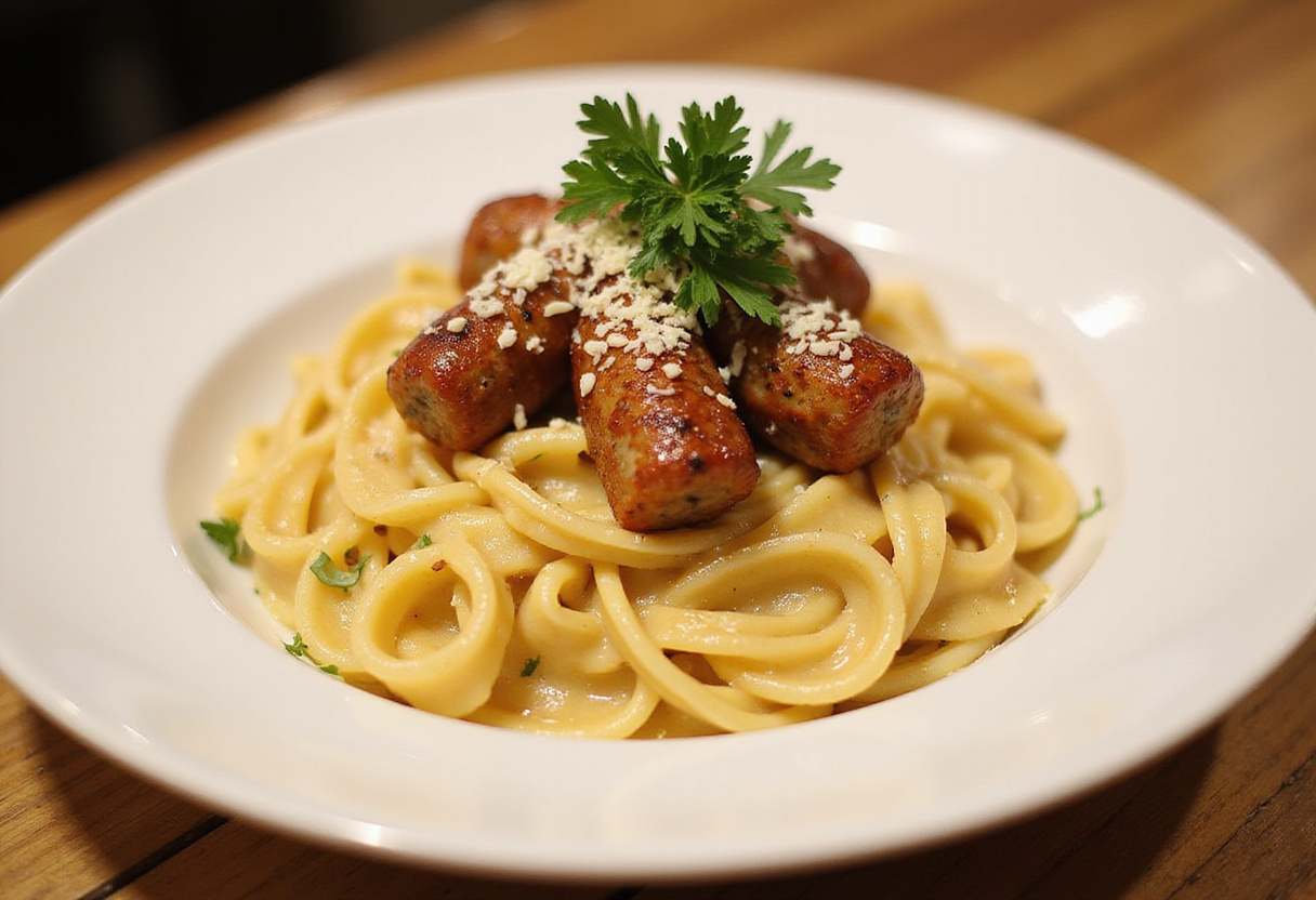 The final dish of Garlic Butter Sausage Bites with Creamy Parmesan Pasta, a deliciously inviting meal ready to be served.