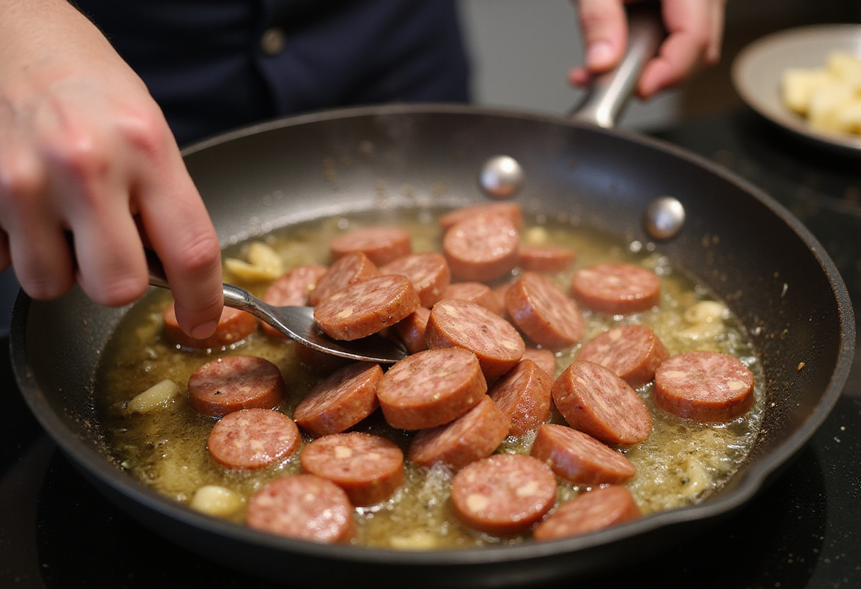 The key ingredient, sliced sausage, is being cooked to perfection in garlic butter, creating delicious Garlic Butter Sausage Bites.