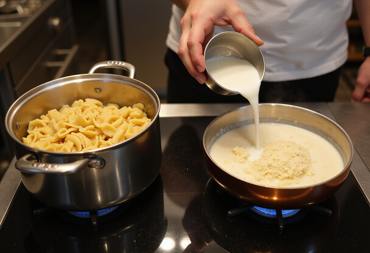 Cooking pasta for the Creamy Parmesan Pasta, which pairs beautifully with Garlic Butter Sausage Bites.