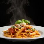 Finished Gigi Hadid Spicy Vodka Pasta garnished with basil and Parmesan, showcasing a delicious Italian dish.