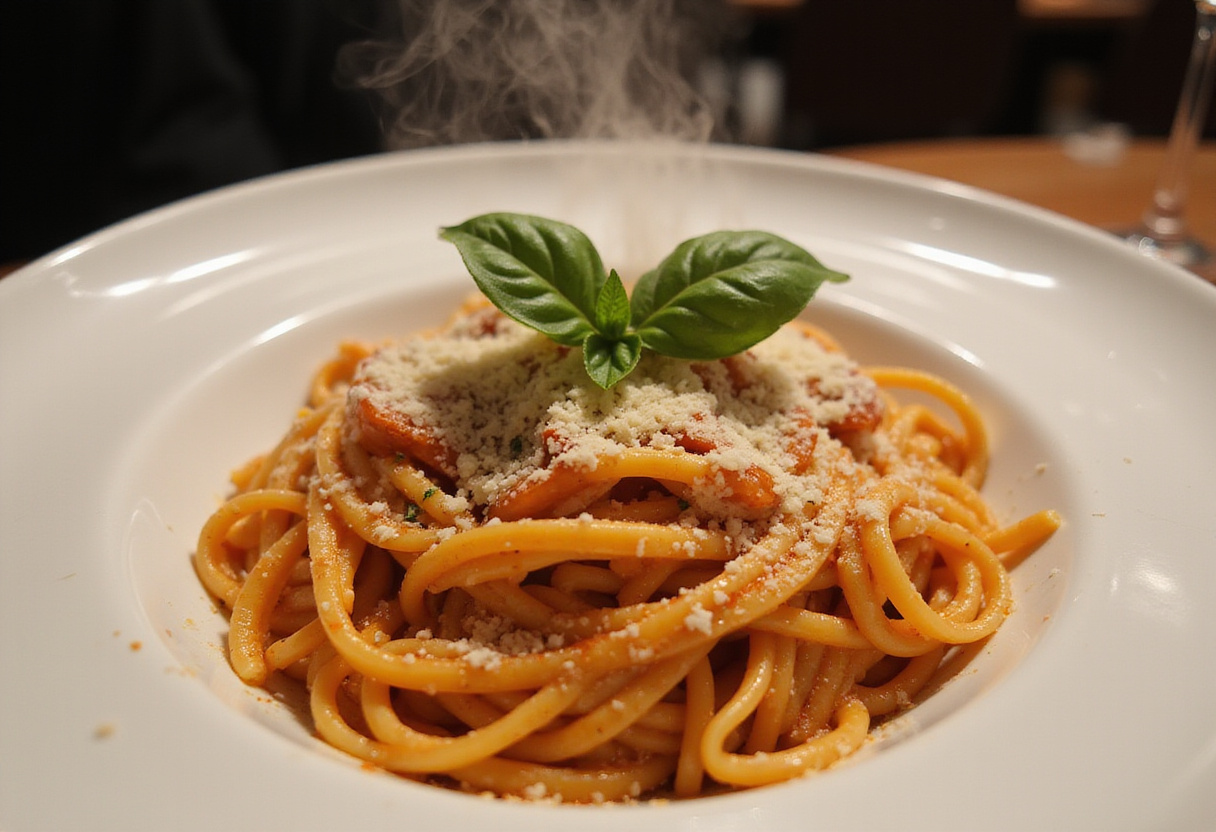 Finished Gigi Hadid Spicy Vodka Pasta garnished with basil and Parmesan, showcasing a delicious Italian dish.