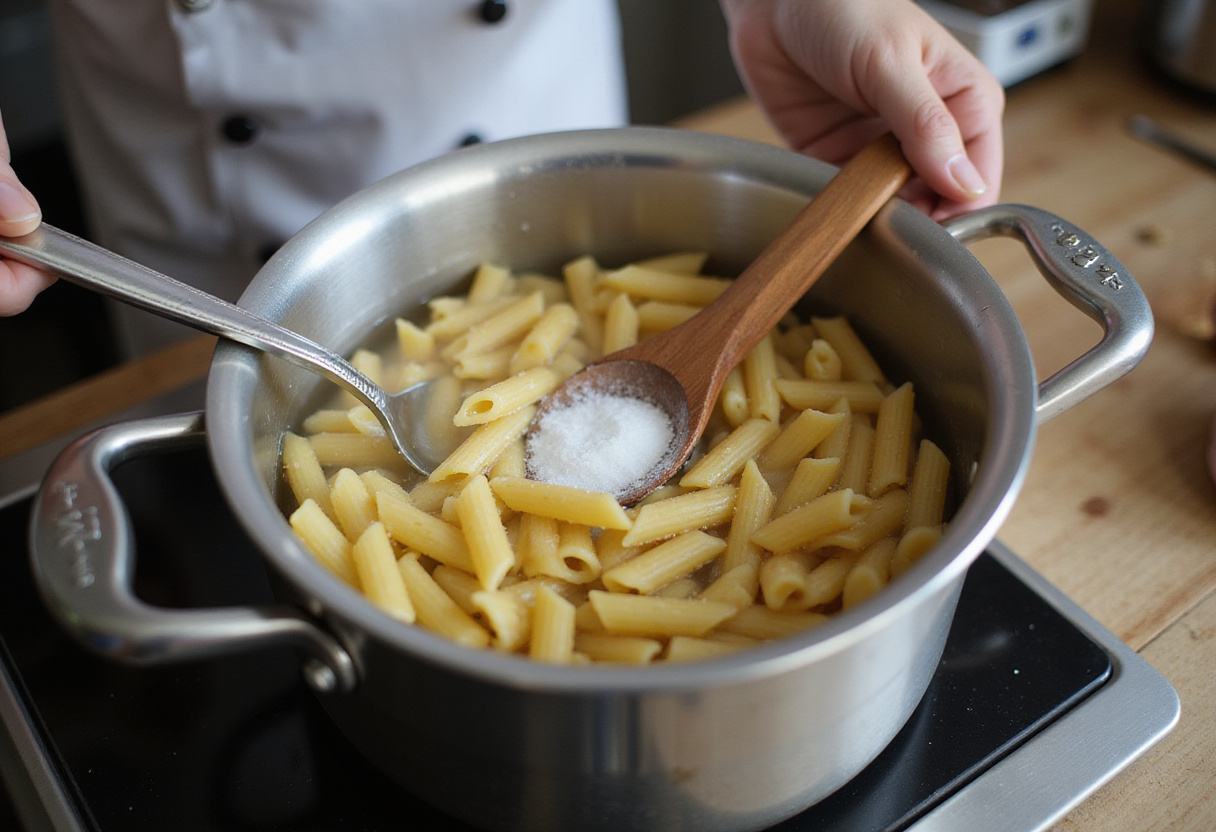 Boiling water with salt for penne pasta in Gigi Hadid Spicy Vodka Pasta recipe.