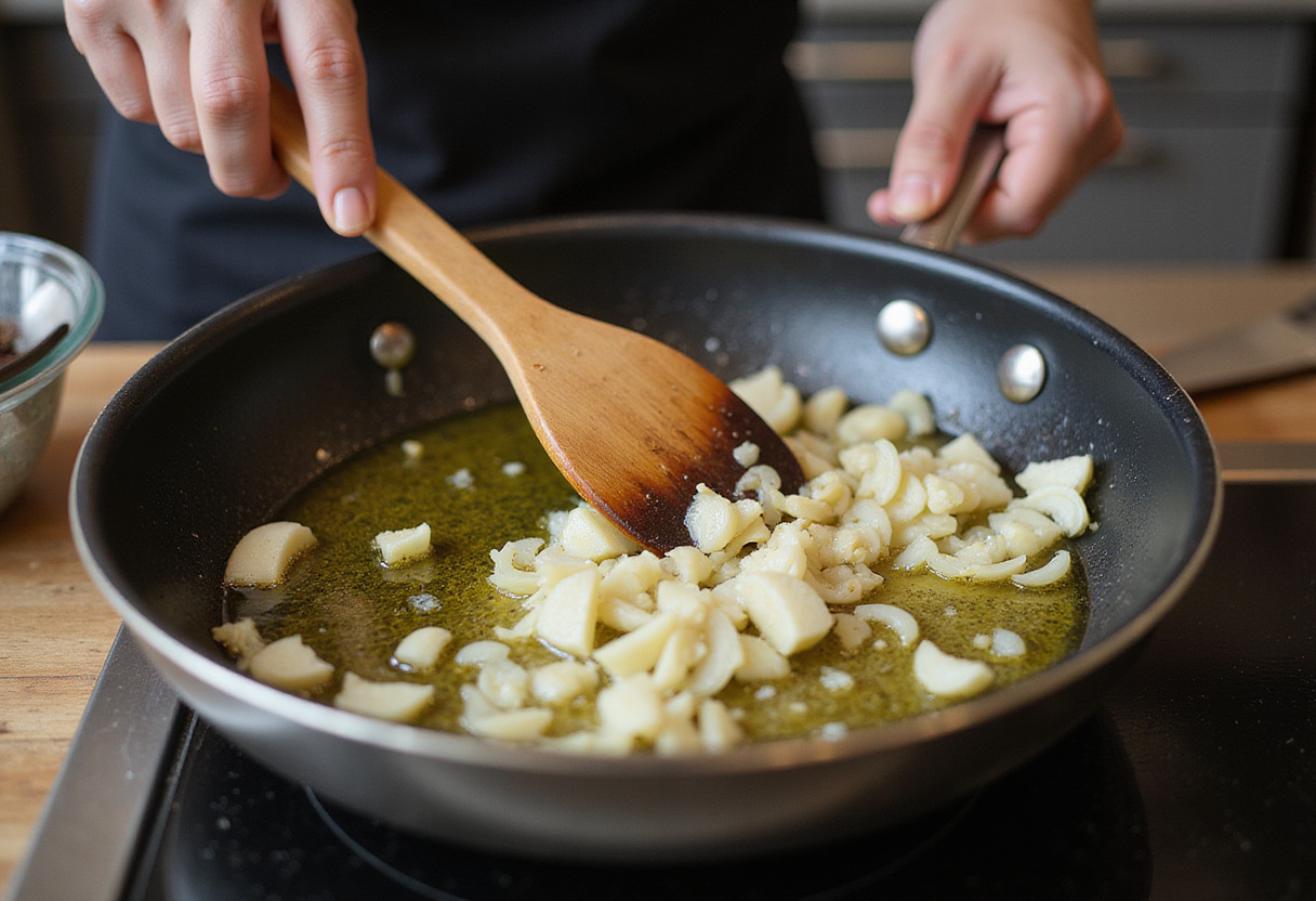 Sautรฉing onions and garlic in olive oil for a rich Gigi Hadid Spicy Vodka Pasta sauce.