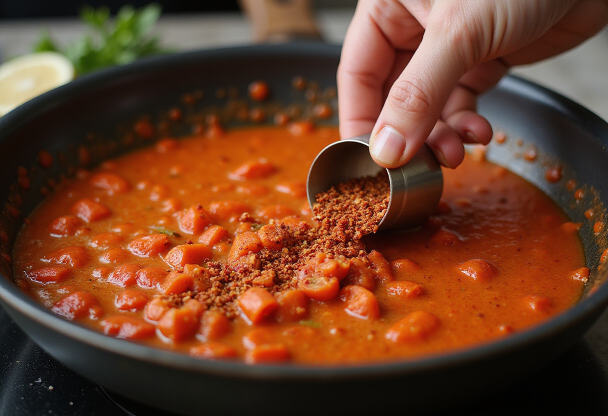 Adding crushed tomatoes and red pepper flakes for Gigi Hadid Spicy Vodka Pasta sauce preparation.