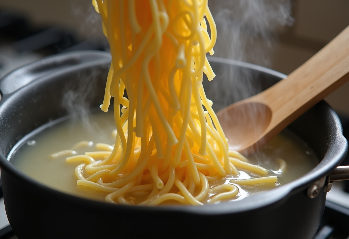Cooking Greek pasta with feta and olives - boiling pasta in water for authentic Mediterranean flavors.