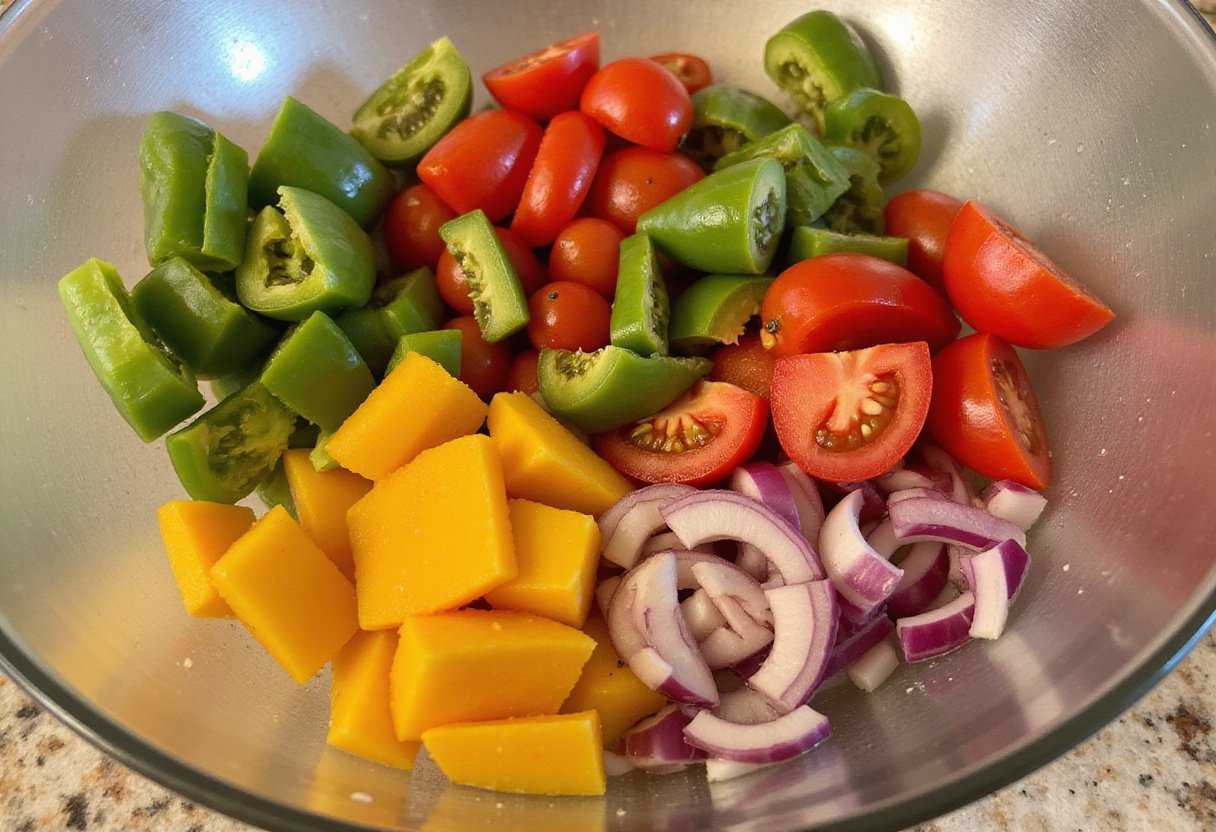 Preparing vibrant vegetables for Greek pasta with feta and olives - fresh ingredients for a delicious Mediterranean dish.