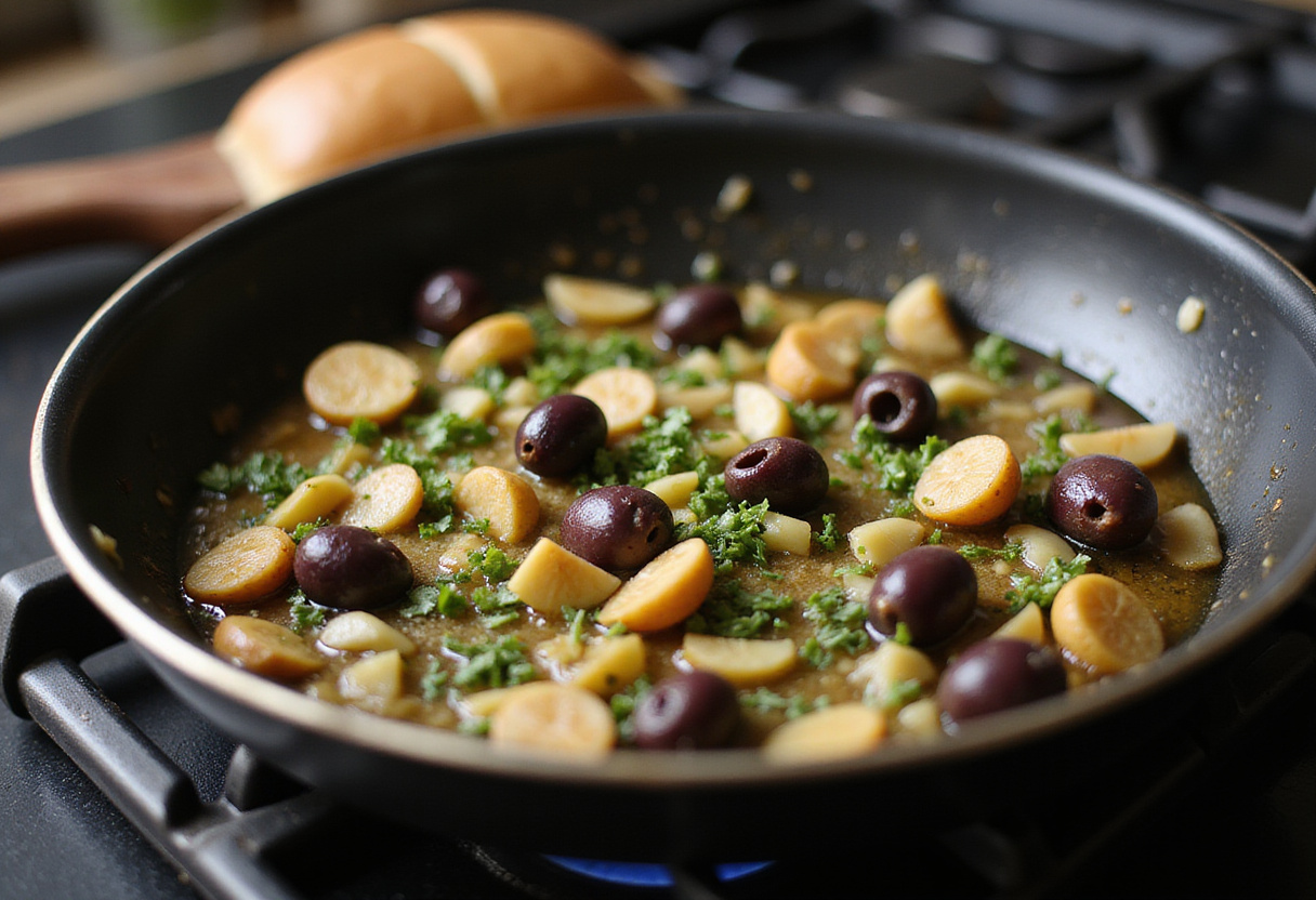 Sautรฉing garlic and olives for Greek pasta with feta - aromatic herbs elevating the dish's flavor profile.