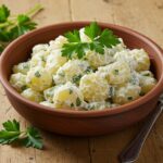 A finished Greek potato salad ready to be served, showcasing fresh ingredients and vibrant colors.