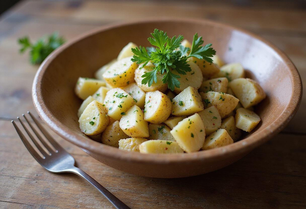 A finished Greek potato salad ready to be served, showcasing fresh ingredients and vibrant colors.